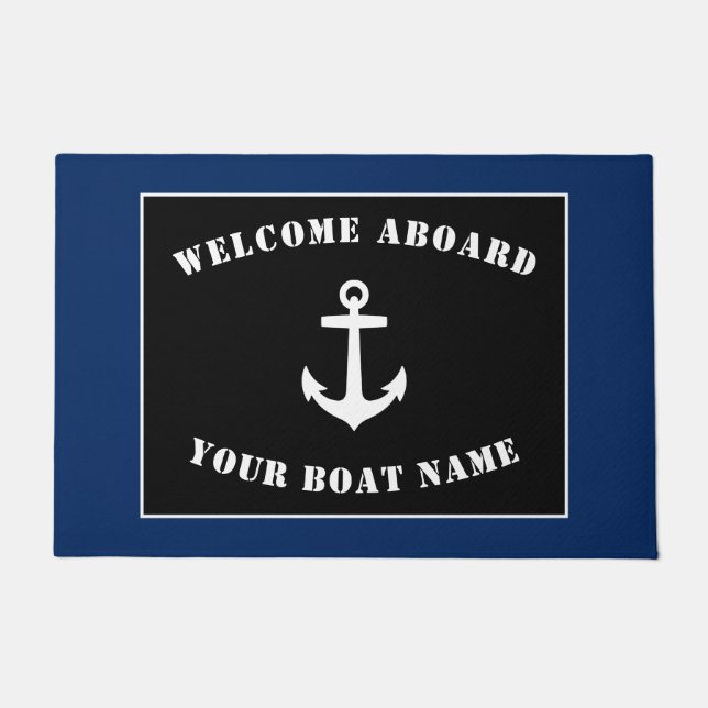 Welkom aan boord Bootnaam Classic Anker Navy Deurmat (Voorkant)