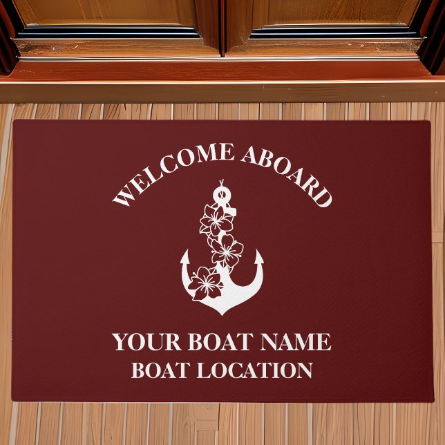 Welkom aan boord Bootnaam Floral Anchor Maroon Deurmat (Creator heeft geüpload)