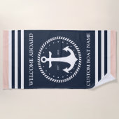Welkom aan boord Bootnaam - gepersonaliseerde Navy Strandlaken (Voorkant)