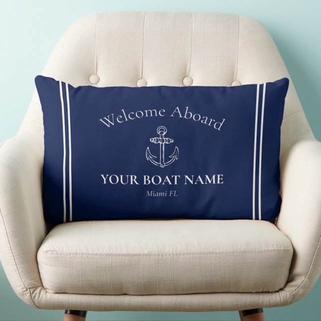 Welkom aan boord Bootnaam Marine Blauw Wit Nautisc Kussen (Classic Navy Blue Welcome Aboard Nautical Pillow Personalized with Your Boat Name and Home Port)