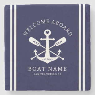 Welkom aan boord Bootnaam Nautisch Anker Blauw Stenen Onderzetter