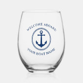 Welkom aan boord Bootnaam Nautisch Anker Navy Blue Wijnglas Zonder Voet (Voorkant)