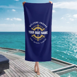 Welkom aan boord Naam zeilboot Marineblauw & Goud Strandlaken