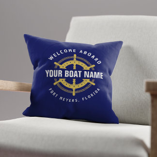 Welkom aan boord Nautical Boat Name Navy Blue Gold Kussen