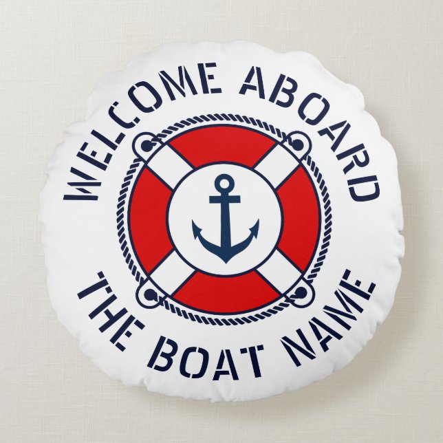 Welkom aan boord van boot name nautical anchor nav rond kussen (Voorkant)