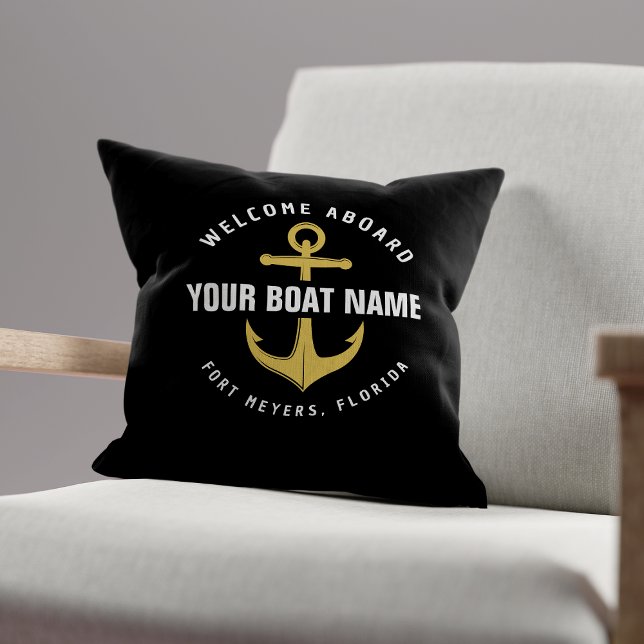Welkom aan boord van de boot Black & Gold Nautical Kussen (Creator heeft geüpload)