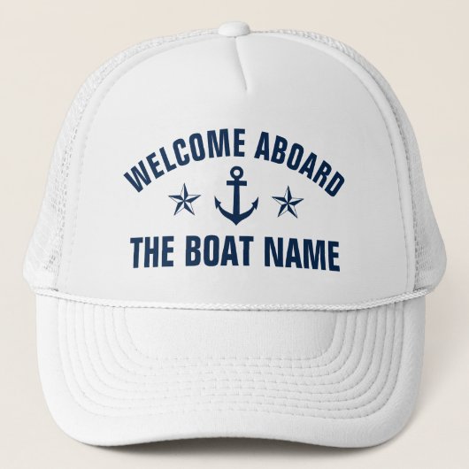 Welkom aan boord van de boot naam nautical anchor  trucker pet (Voorkant)