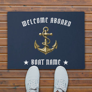 Welkom aan boord van Nautical Gold Anchor Navy Blu Deurmat