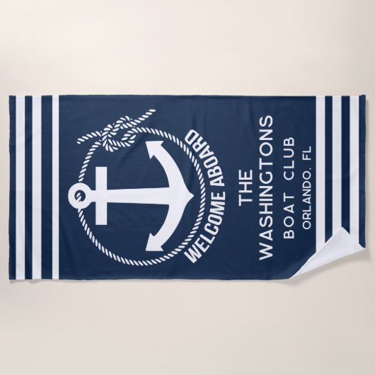 Welkom aan boord van nautische anker touw bootnaam strandlaken (Voorkant)