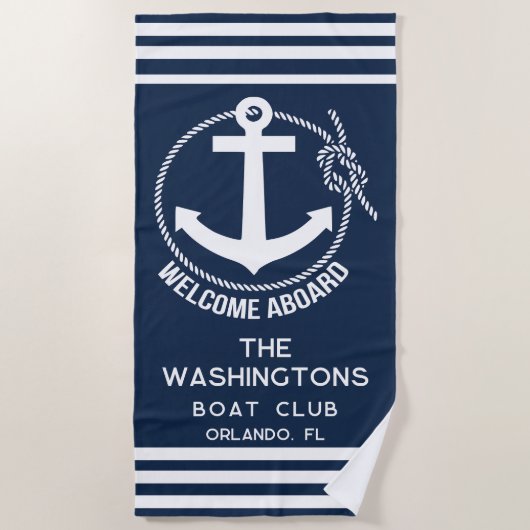 Welkom aan boord van nautische anker touw bootnaam strandlaken (Voorkant)