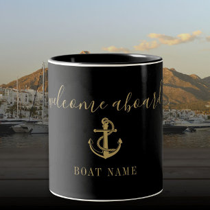 Welkom aan boord Zwarte En Gouden Anker Bootnaam Tweekleurige Koffiemok