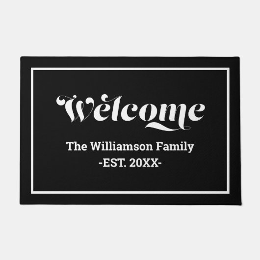 Welkom aangepast familienaam script zwart-wit deurmat (Voorkant)