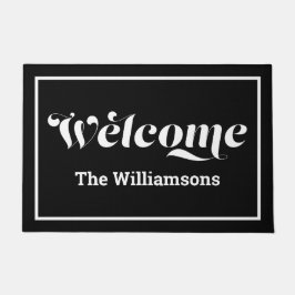 Welkom aangepast familienaam script zwart-wit deurmat