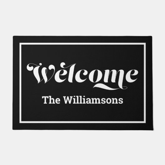 Welkom aangepast familienaam script zwart-wit deurmat (Voorkant)