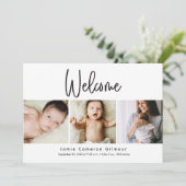 Welkom Aangepaste Baby foto's Modern Script Geboor Bedankkaart (Staand voorkant)