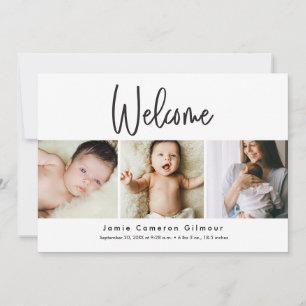 Welkom Aangepaste Baby foto's Modern Script Geboor Bedankkaart