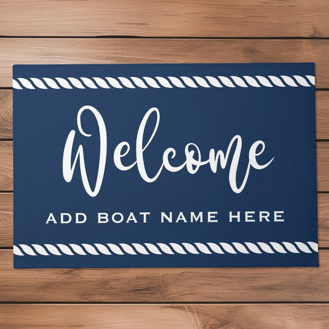 Welkom, aangepaste bootnaam touw grens donkerblauw deurmat (Welcome custom boat name rope border dark blue doormat)