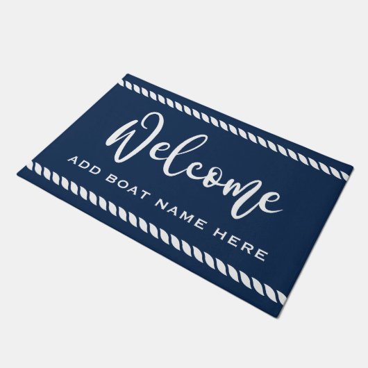 Welkom, aangepaste bootnaam touw grens donkerblauw deurmat (Schuin)