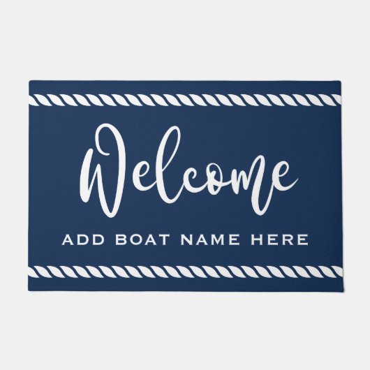 Welkom, aangepaste bootnaam touw grens donkerblauw deurmat (Voorkant)