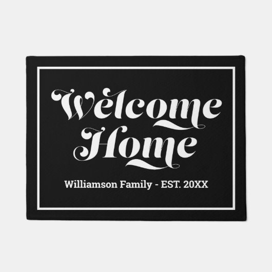 Welkom Aangepaste familienaam Script Zwart & Wit Deurmat (Voorkant)