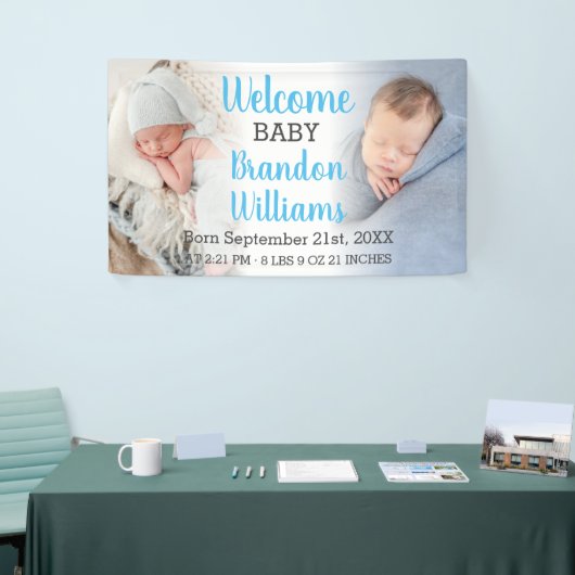 Welkom Aankondigingsbanner voor babyjongen 2 foto' Spandoek (Beurs)