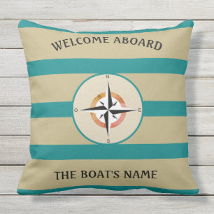 Welkom Aboard Boats Name Blauwgroen Stripes Sand C Buitenkussen