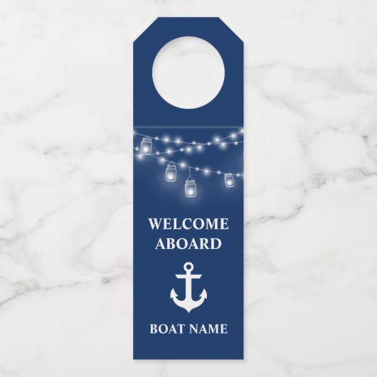 Welkom Aboard Lights Boat Name Navy Blue Flessenhanger (Voorkant)