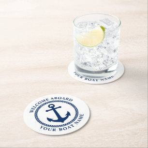 Welkom Aboard Name Zee Anchor Blue White Rou Ronde Kartonnen Onderzetter