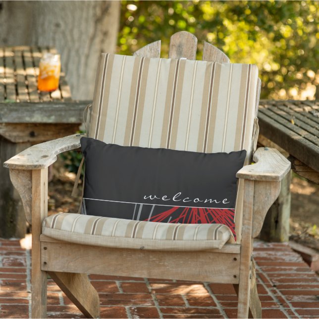Welkom | Abstracte zwarte linten (zwart wit en roo Buitenkussen (Stoel)