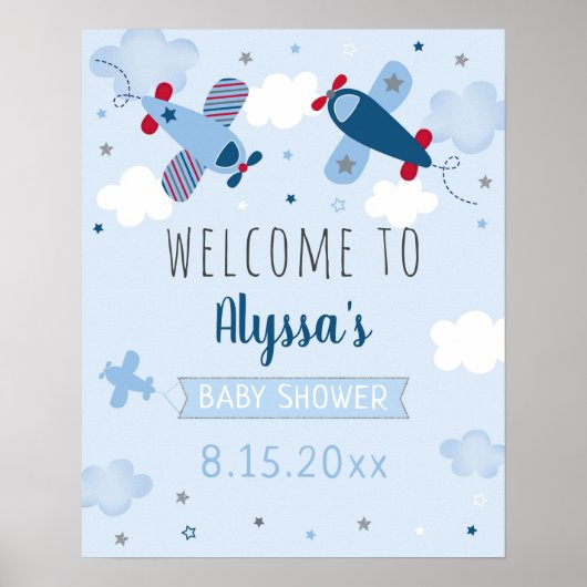 Welkom Airplane Clouds Baby shower Poster (Voorkant)