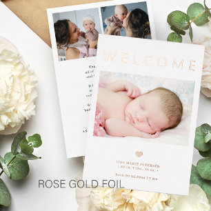 Welkom baby 3 foto roze gouden geboorteaankondigin folie uitnodiging