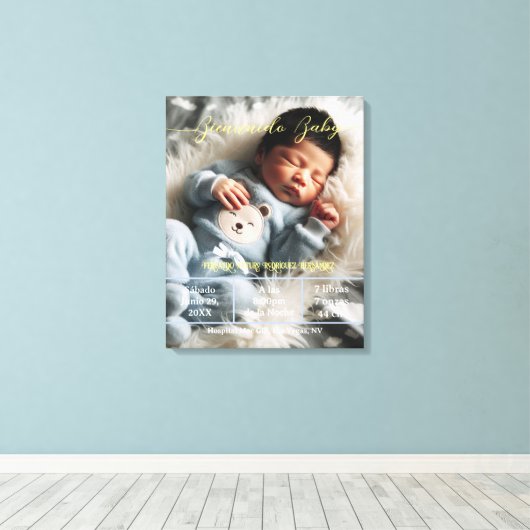 Welkom Baby | Aangepaste foto Pasgeboren statistie Canvas Afdruk (Insitu (Houten vloer))