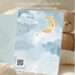 Welkom Baby Blau Aquarel Maan QR Code Slaapliedje Kaart