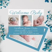Welkom Baby Blue Photo Cursive Script Birth Aankondiging