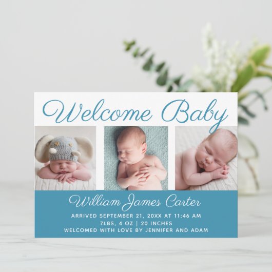 Welkom Baby Blue Photo Cursive Script Birth Aankondiging (Staand voorkant)