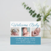 Welkom Baby Boy Blue Cute Newborn Foto Birth Briefkaart (Staand voorkant)