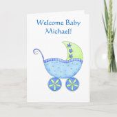 Welkom Baby Boy Name Persoonlijk Blauw Buggy Kaart (Voorkant)