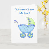 Welkom Baby Boy Name Persoonlijk Blauw Buggy Kaart (Gele Bloem)