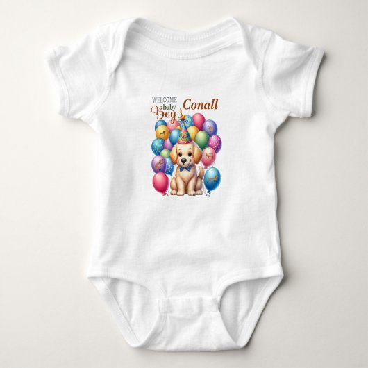 Welkom Baby Boy Puppy Hond en Ballonnen Ontwerp Romper (Voorkant)