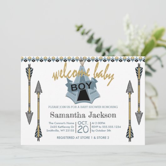 Welkom Baby Boy - Teepee en Arrows Kaart (Staand voorkant)