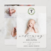 Welkom Baby Eucalyptus Greenery Monogram Geboorte Aankondiging (Voorkant / Achterkant)