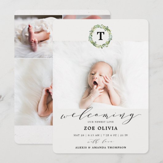 Welkom Baby Eucalyptus Greenery Monogram Geboorte Aankondiging (Voorkant / Achterkant)