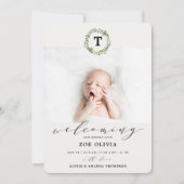 Welkom Baby Eucalyptus Greenery Monogram Geboorte Aankondiging (Voorkant)