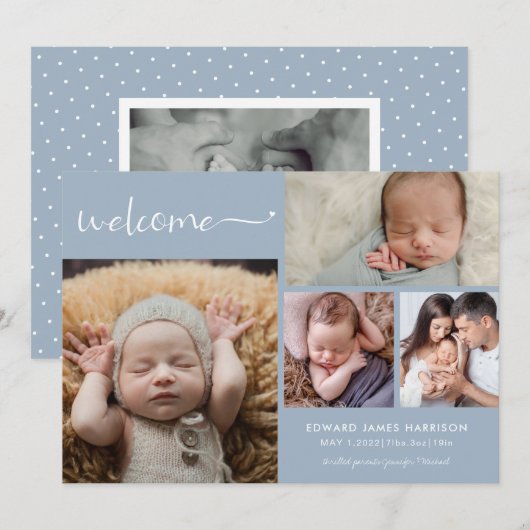 Welkom Baby Fotocollage Blauwe Geboorteaankondigin Aankondiging (Voorkant / Achterkant)