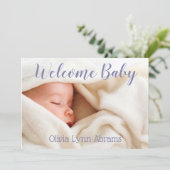 Welkom Baby Fotokaart Paarse Aankondiging (Staand voorkant)