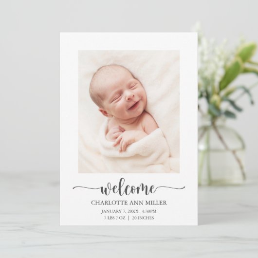 Welkom, Baby geboortedatum Fotokaart Aankondiging (Staand voorkant)