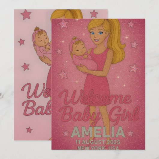 Welkom Baby Girl - Barbie's sprankelende omhelzing Kaart (Voorkant / Achterkant)