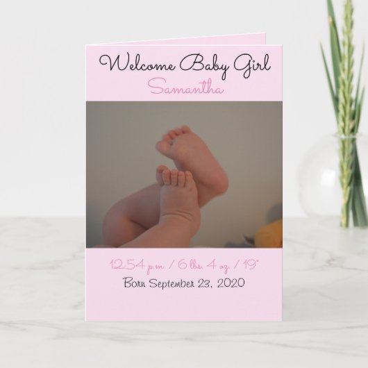 Welkom baby Girl Birth Stats Fotokaart Aankondiging (Voorkant)