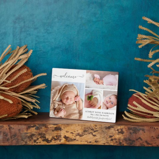 Welkom Baby Girl Foto Collage Birth Aankondiging Fotoplaat (Zijkant)