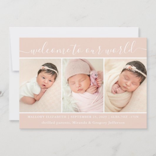 Welkom Baby Girl Foto Collage Blush Birth Announ Aankondiging (Voorkant)